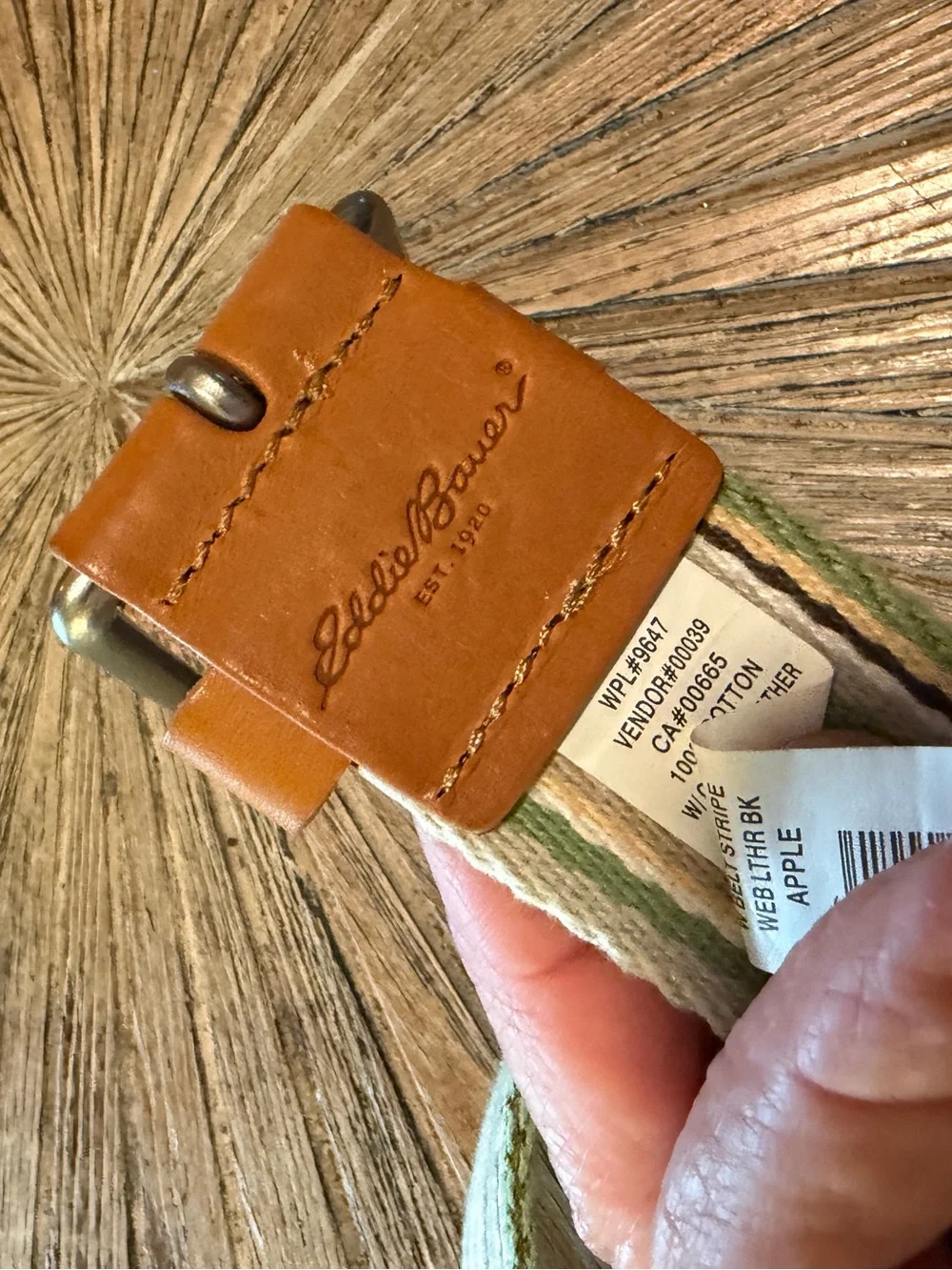 NWT Eddie Bauer Men’s Striped Canvas Web Belt Genuine Leather Trim Size Medium